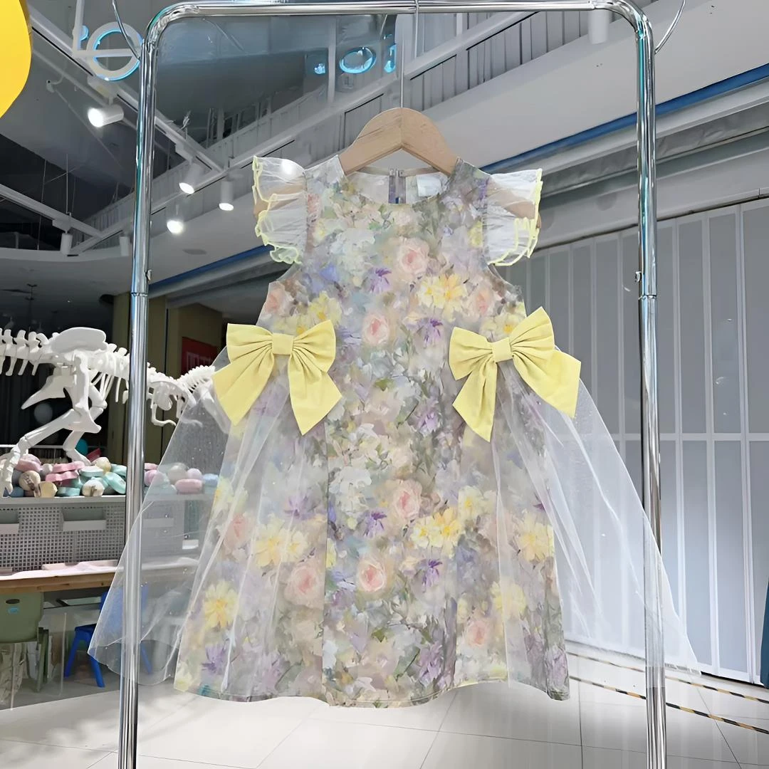 夏季女童儿童新款蝴蝶结蕾丝甜美飞袖连衣裙小女孩洋气韩版