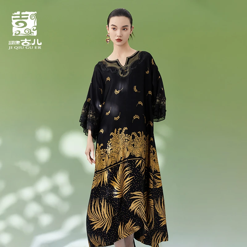 吉丘古儿春之礼波浪形底摆连衣裙斜纹定位气质复古中长款G241Y044