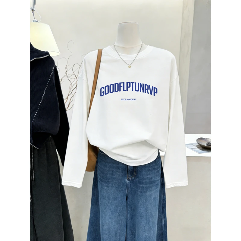白色纯棉长袖t恤女秋季新款韩版字母印花宽松大码圆领打底衫上衣