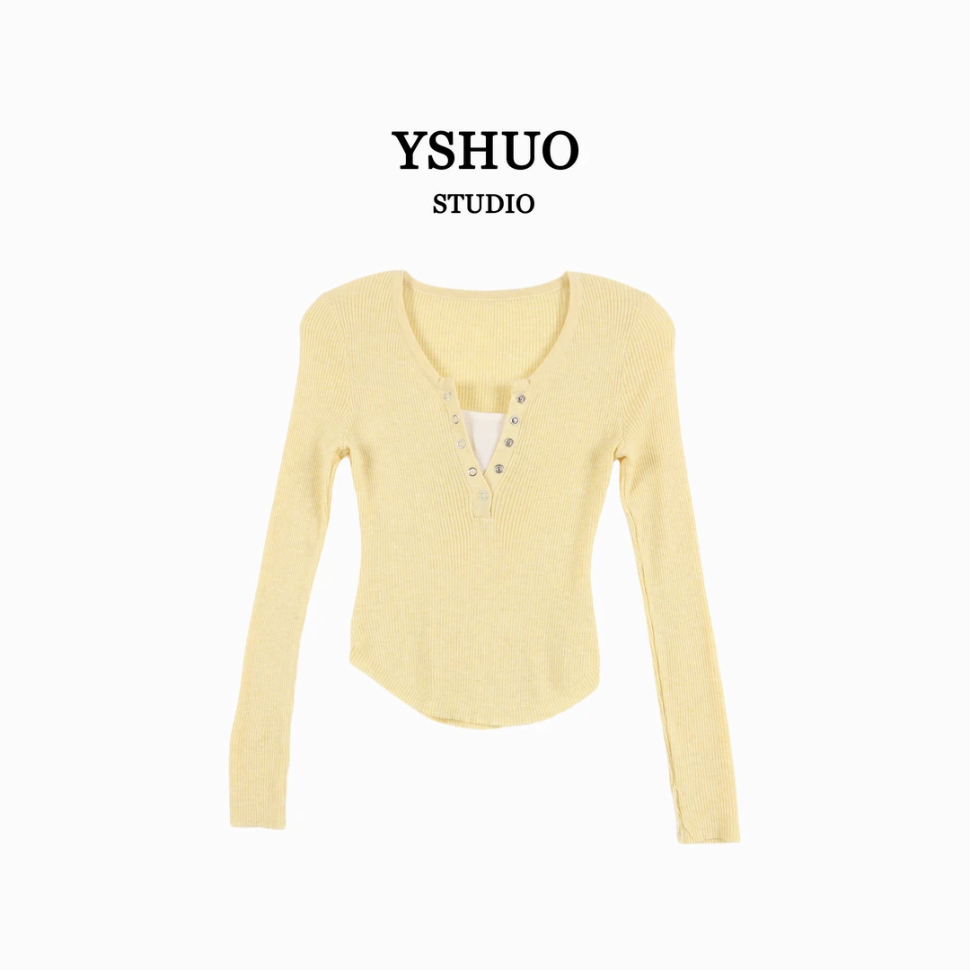 YSHUO【故城往事】气质温柔风拼接针织假两件长袖打底上衣 25029