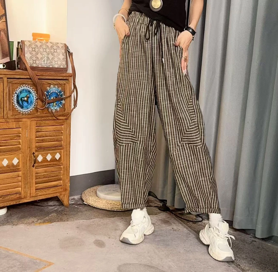 【沐木流浪记】（竹微）夏季新款薄料条纹舒适透气哈伦裤女裤子Z