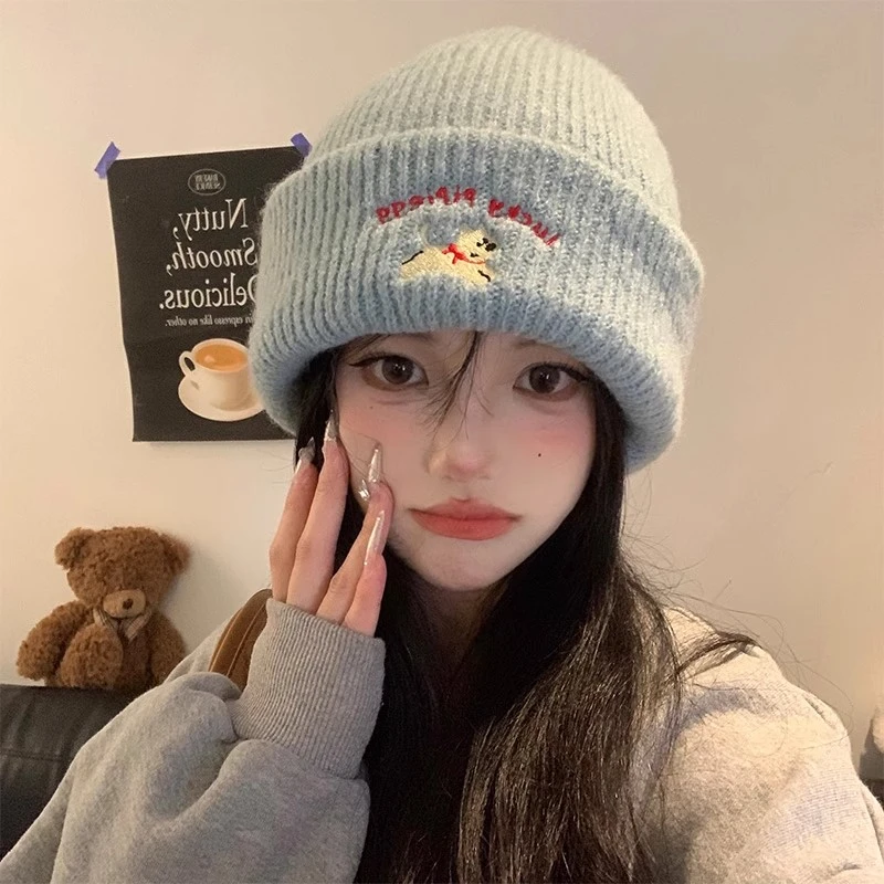 韩版ins刺绣小狗毛线帽女秋冬季加厚保暖可爱针织帽子护耳包头帽