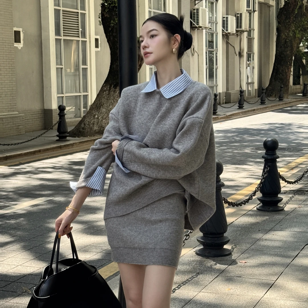 【琪琪怪怪】韩系拼接衬衫领针织显瘦假两件毛衣高腰短裙套装