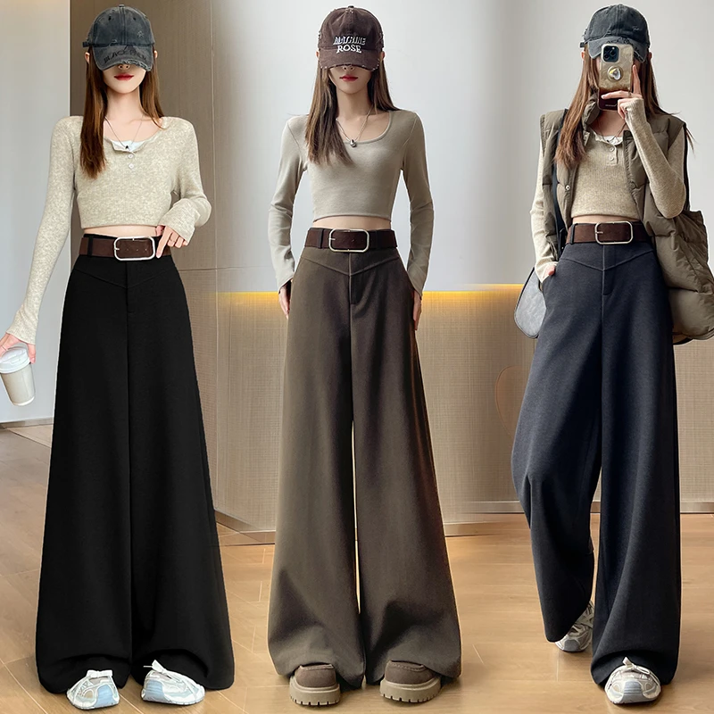 毛呢西装阔腿裤女冬季2025新款宽松百搭高腰垂感显瘦拖地裤子