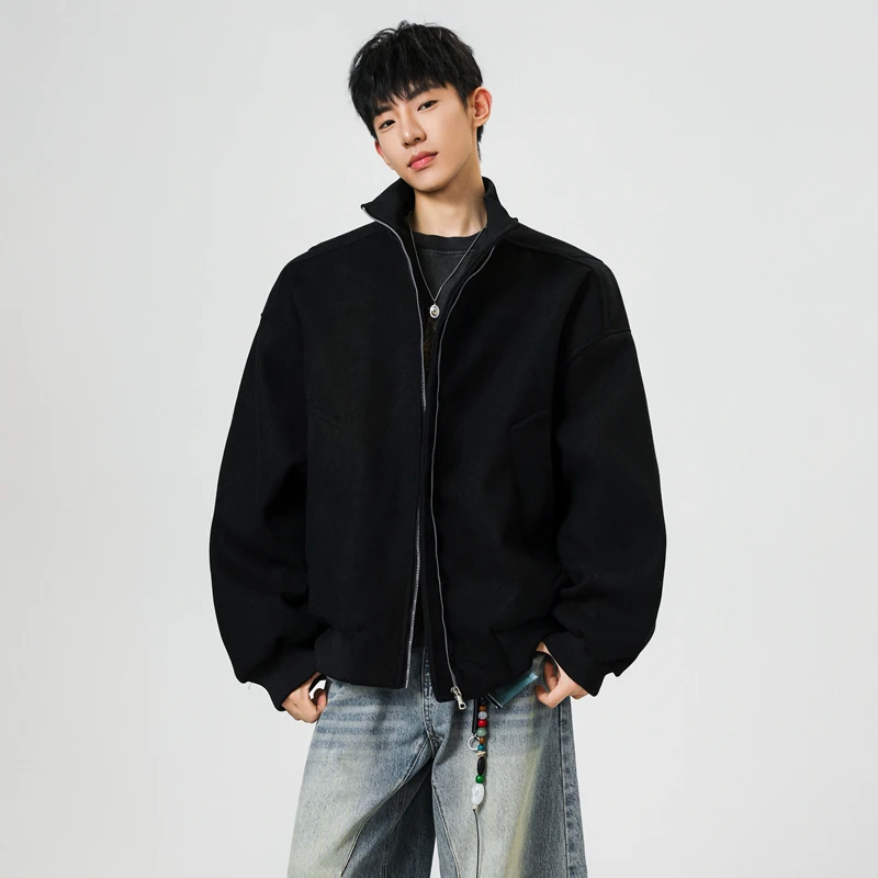 黑色廓形短款呢子外套男新款美式高街宽松立领潮牌高级感夹克上衣