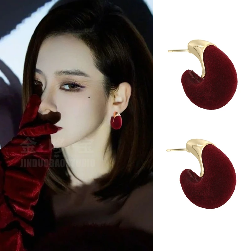 铜合金布艺耳饰 复古港风不规则植绒红色耳环秋冬高级感轻奢耳饰