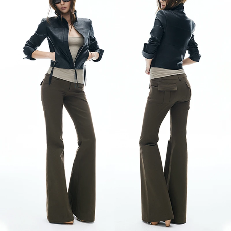 美式辣妹橄榄绿微喇休闲裤女秋季新款低腰显瘦不贴腿运动喇叭裤子