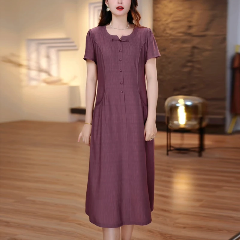 冰丝绉连衣裙2025夏季新款大码女装时尚气质减龄显瘦遮肉妈妈裙子