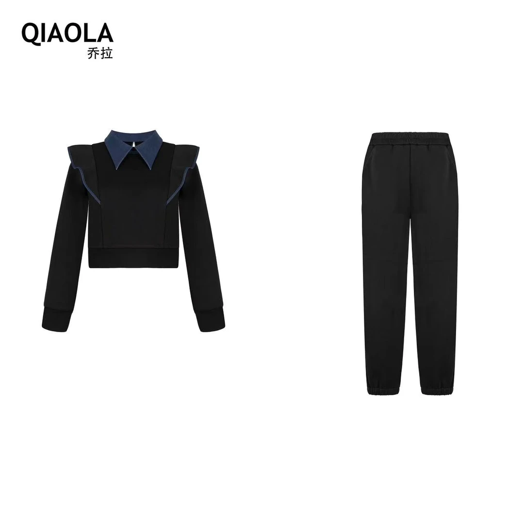 QIAOLA/乔拉【未来纪元】秋冬加绒针织卫衣翻领小飞袖时尚套装预售