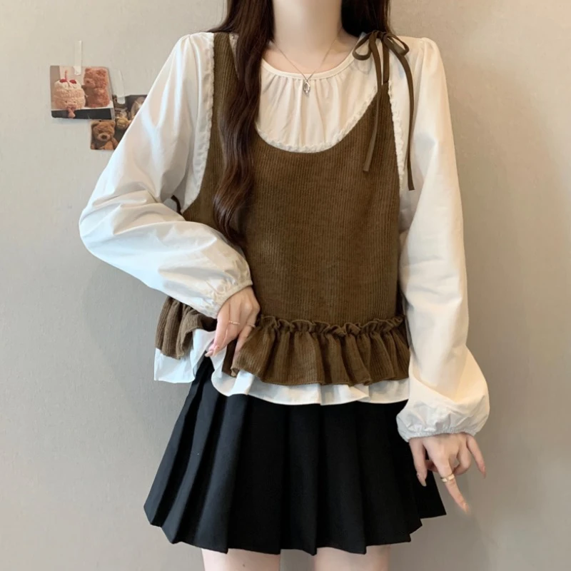 大码假两件吊带拼接长袖衬衫女春秋微胖MM宽松显瘦洋气荷叶边上衣