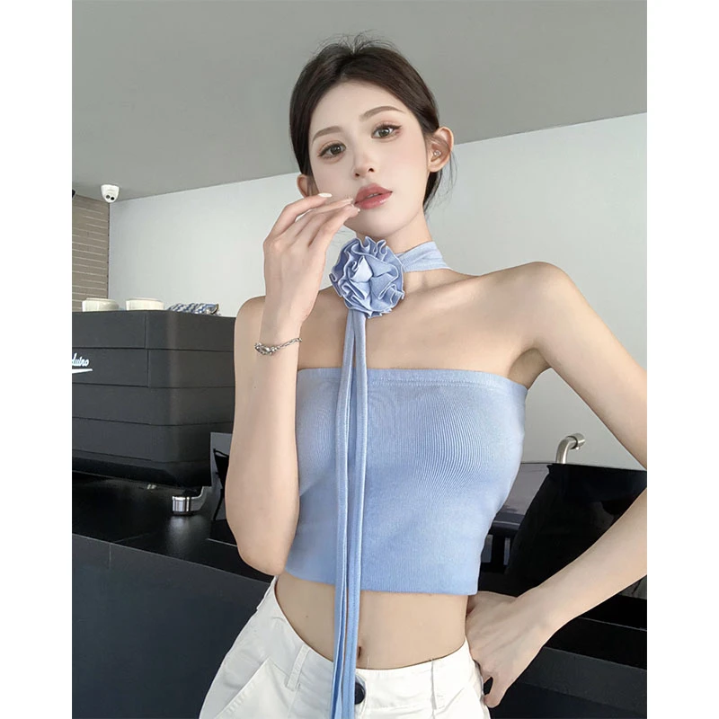 2025秋夏辣妹风高级感立体花朵围脖修身显瘦抹胸背心女围胸上衣女