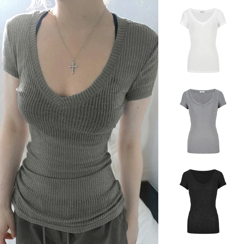 Moses Queen/魔西女王基础款坑条v领短袖T恤辣妹百搭显瘦打底上衣