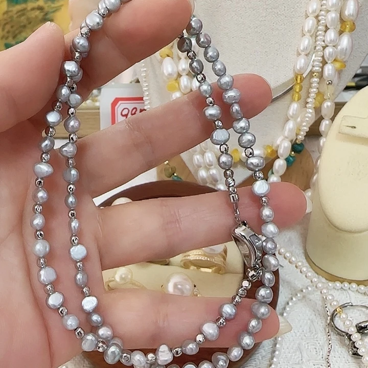颈饰未镶嵌淡水珍珠无核因蓝光小石头有纹