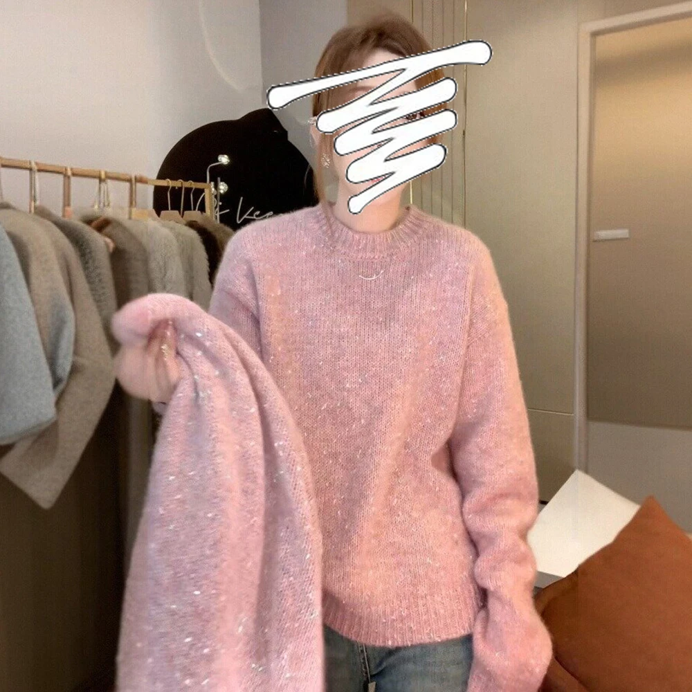 大码慵懒软糯粉色细闪毛衣针织衫女秋冬胖mm显瘦独特漂亮小衫上衣