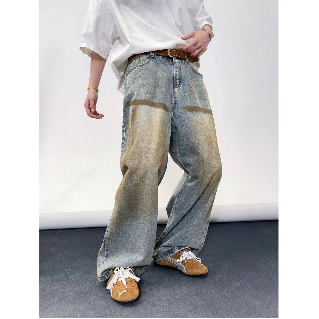 复古脏染做旧水洗牛仔裤男女宽松直筒怀旧铁锈设计阔腿裤高街百搭
