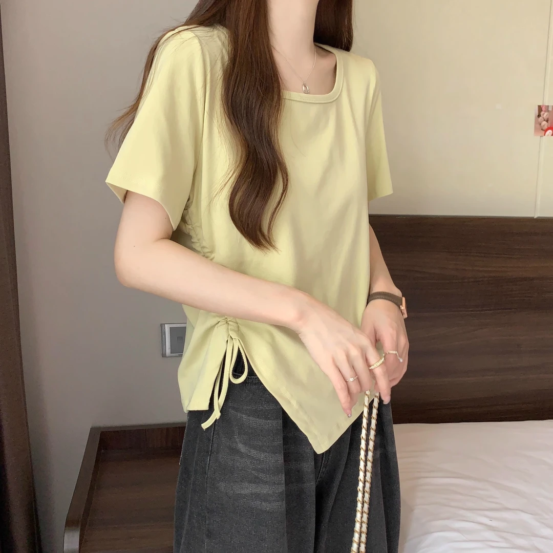 正肩方领短袖t恤女夏季大码女装胖mm简约休闲百搭遮肚子显瘦上衣