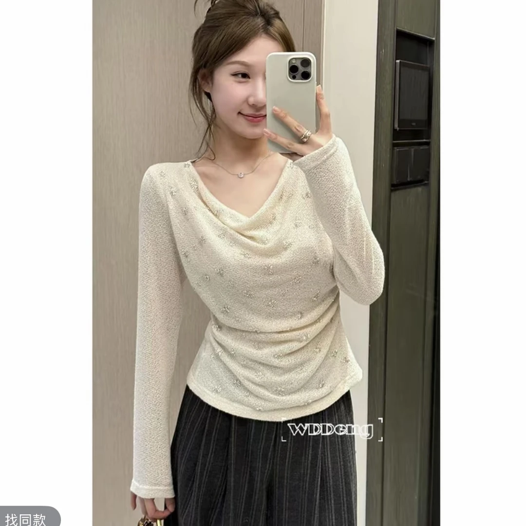 大码烫钻捏褶设计感荡领长袖T恤秋冬收腰内搭百搭巨显瘦打底上衣