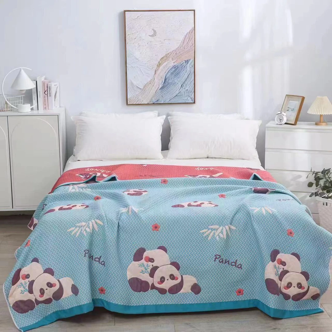 【情侣熊猫 床盖】2X2.3米 多层纱布双人四季多功能床盖毯