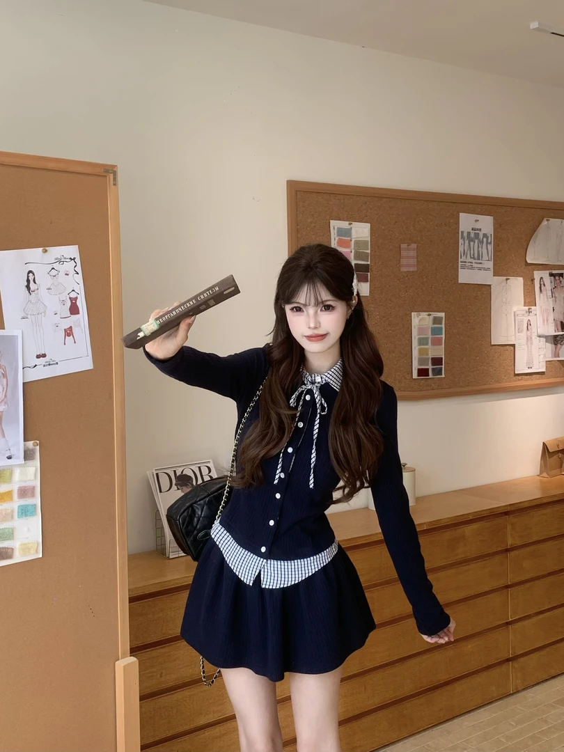 【少量现货】学院风假两件格子衬衫长袖裙子两件套装