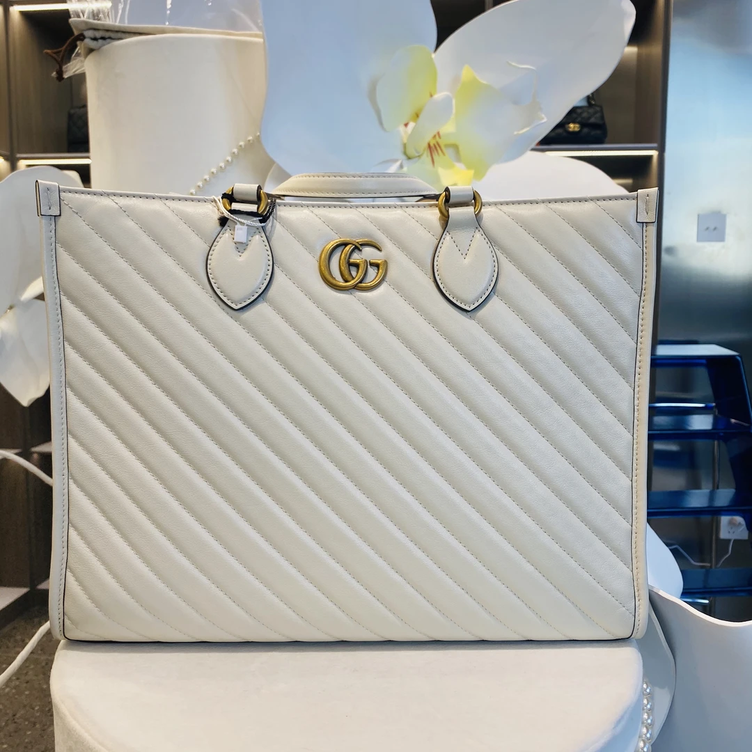 99新 GUCCI/古驰 tote 白色牛皮 手提 单肩包
