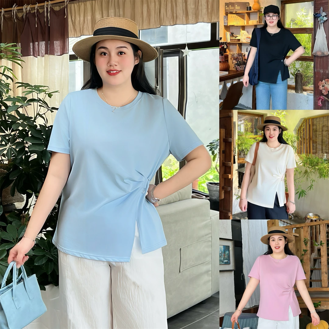 大码女装夏季时尚百搭花契200斤胖mm冰氧棉不规则短袖T恤14972