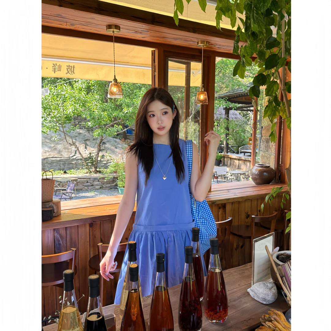 苏苏家蓝色艾丽丝显瘦气质夏季新款无袖长裙女