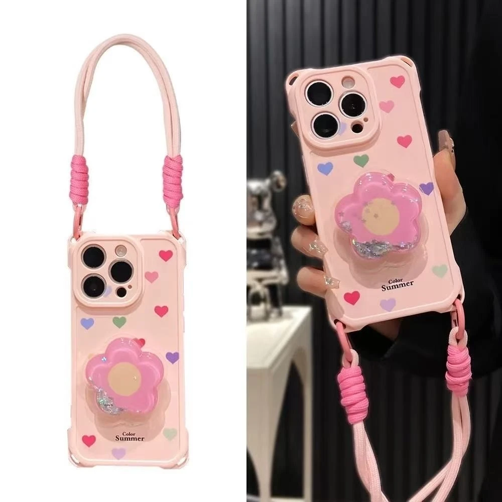 适用彩色粉花支架苹果16promax四角挂绳手机壳华为VIVO小米15OPPO