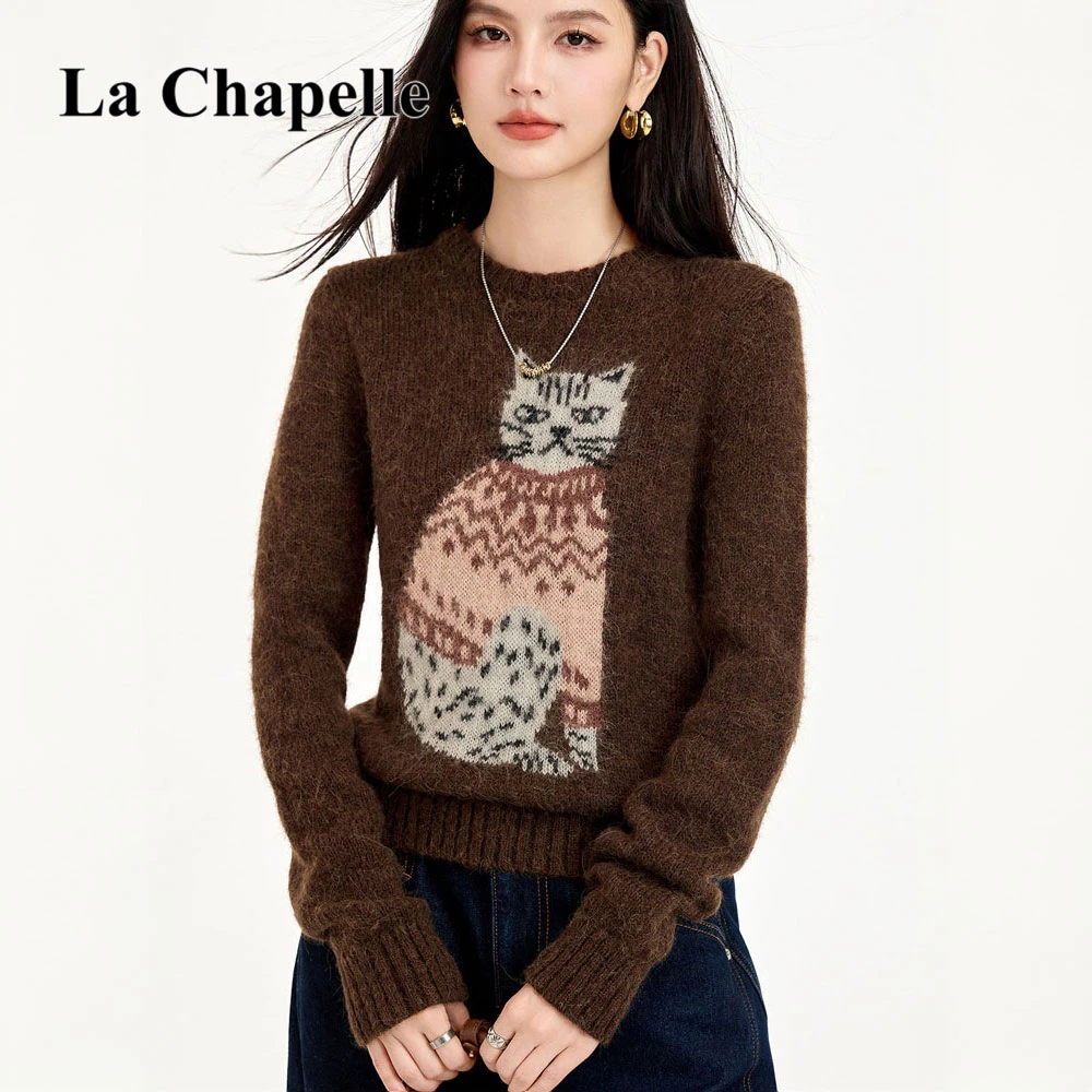 拉夏贝尔2025新款韩版复古猫咪刺绣毛衣圆领时尚提花套头针织衫女