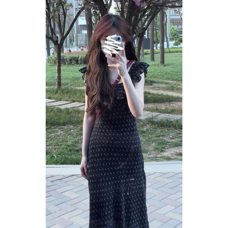 A1707#连衣裙夏季法式气质小飞袖收腰显瘦荷叶边中长款百搭裙子