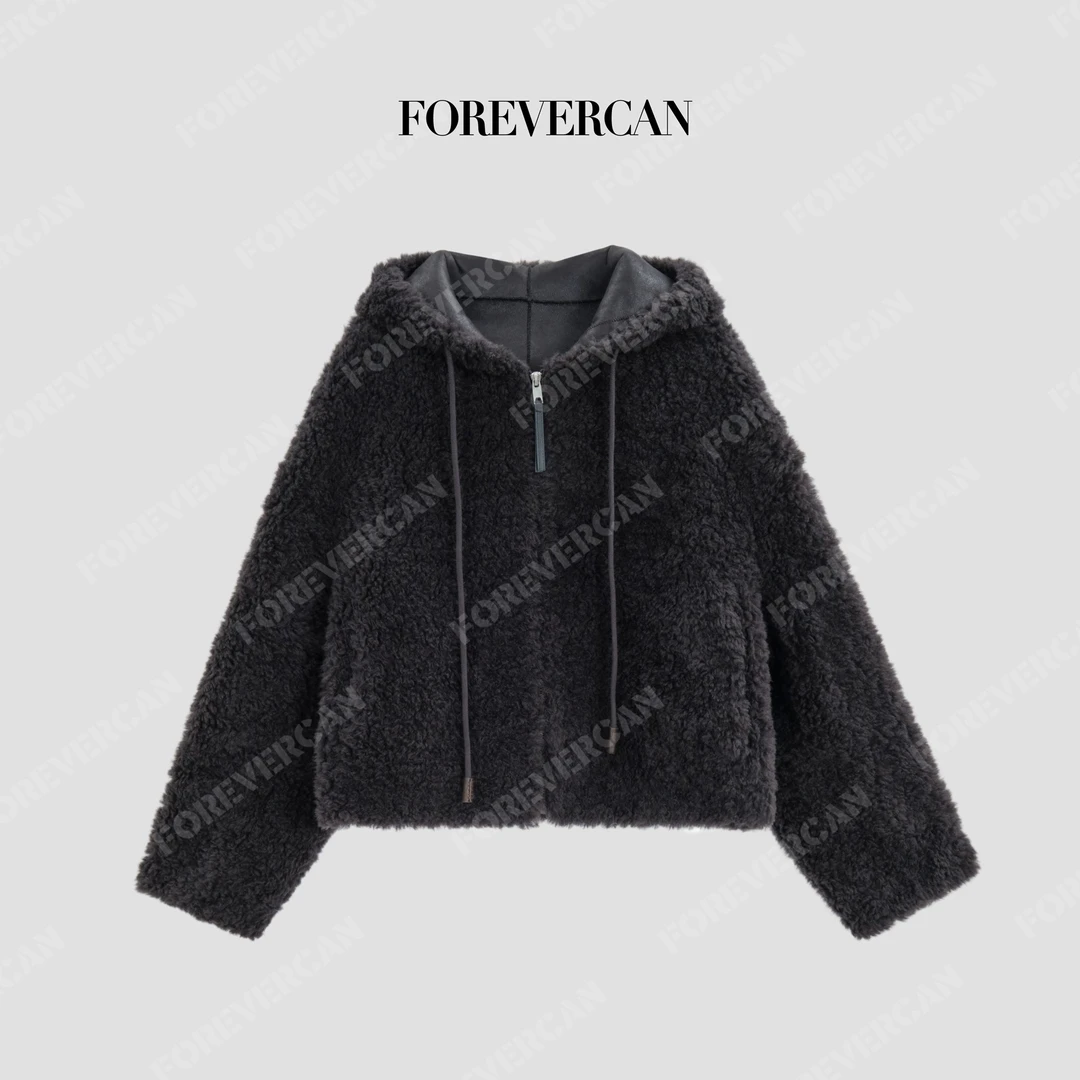 FOREVERCAN“小熊假日”100澳洲羊毛简约连帽夹克外套 FC57541