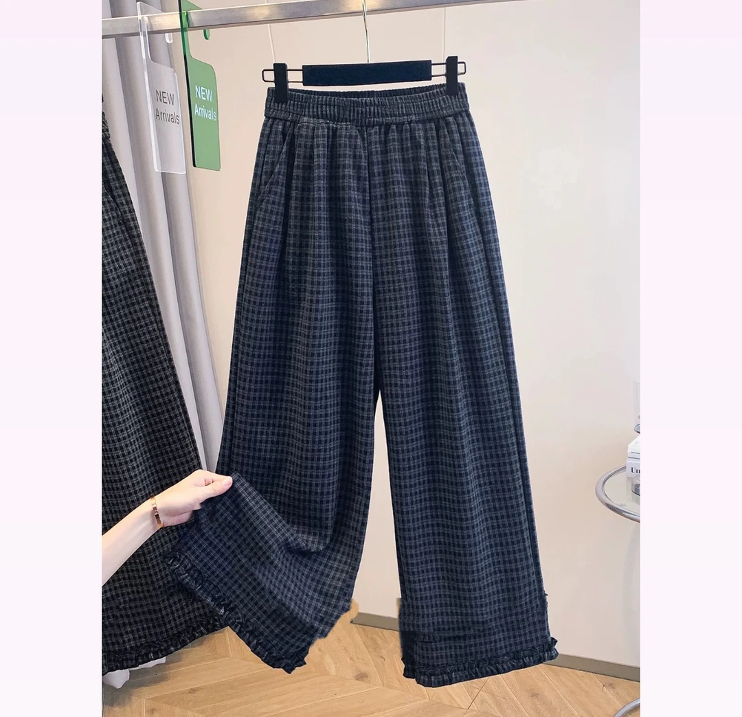蓝色格子阔腿裤女秋季新款宽松百搭垂感花边直筒九分裤呢子裤8531