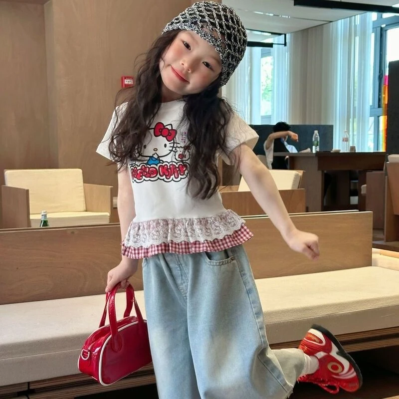 女童夏季短袖牛仔裤套装25新款儿童甜美蕾丝白色女宝宝百搭两件套