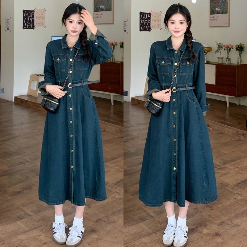 大码胖mm女装显瘦遮肉长袖连衣裙秋季新款时尚休闲牛仔裙子女