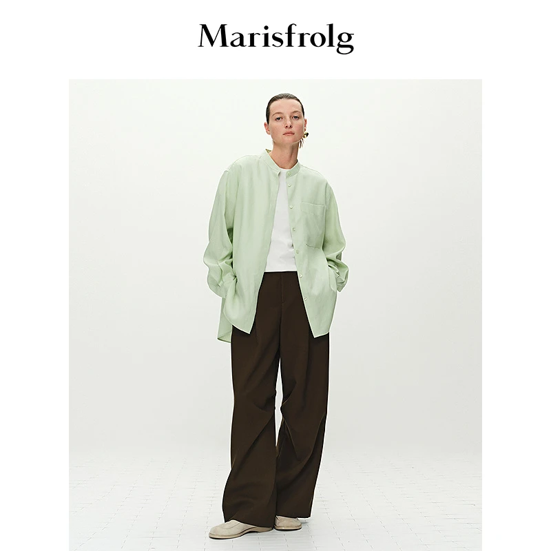 Marisfrolg玛丝菲尔新款长袖休闲绿色复古宽松纯色衬衫A1FZ17229
