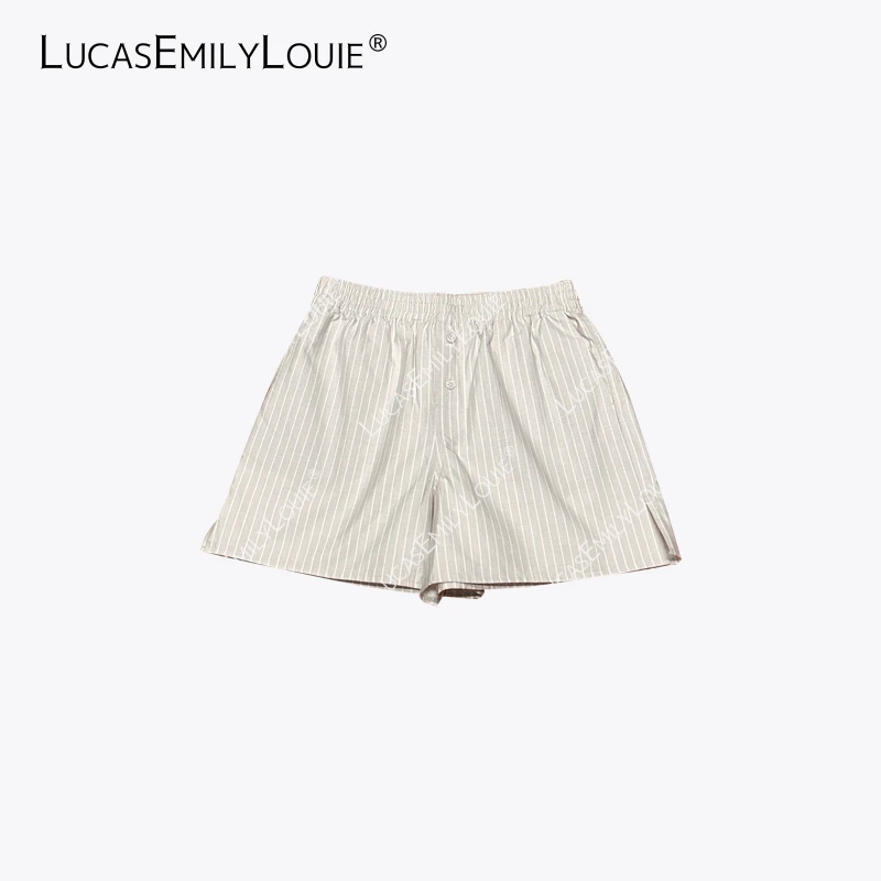 LUCASEMILYLOUIE 休闲棉质百搭松紧腰开衩细条纹短裤2510114