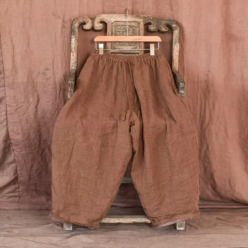 14203 双层四季款原创大码亚麻萝卜裤文艺复古宽松休闲阔腿裤