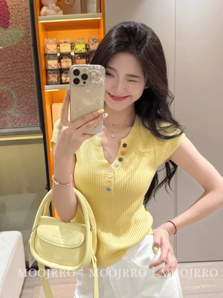 燕语家韩版夏季小香风针织衫V领百搭短袖