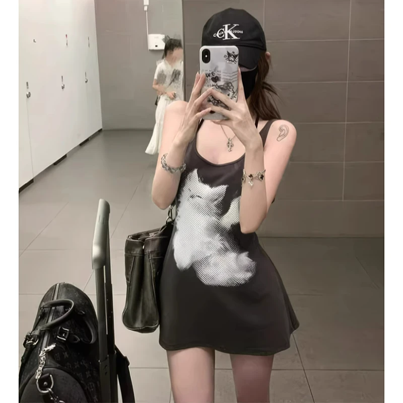 大码微胖mm大领口绑带收腰吊带背心女夏季新款中长款猫咪印花上衣