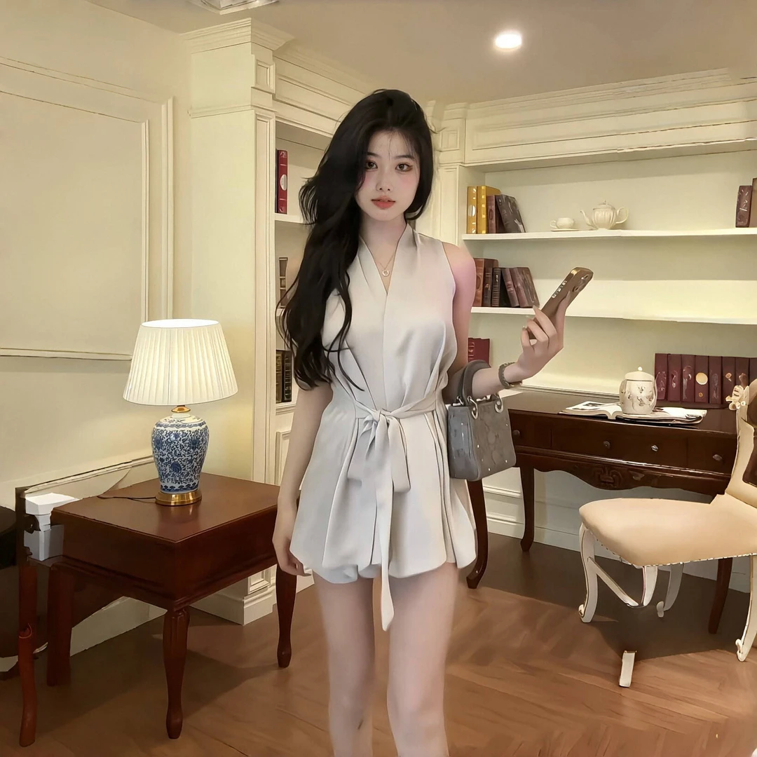 法式高级感凉感V领无袖收腰上衣搭配高腰打底短裤