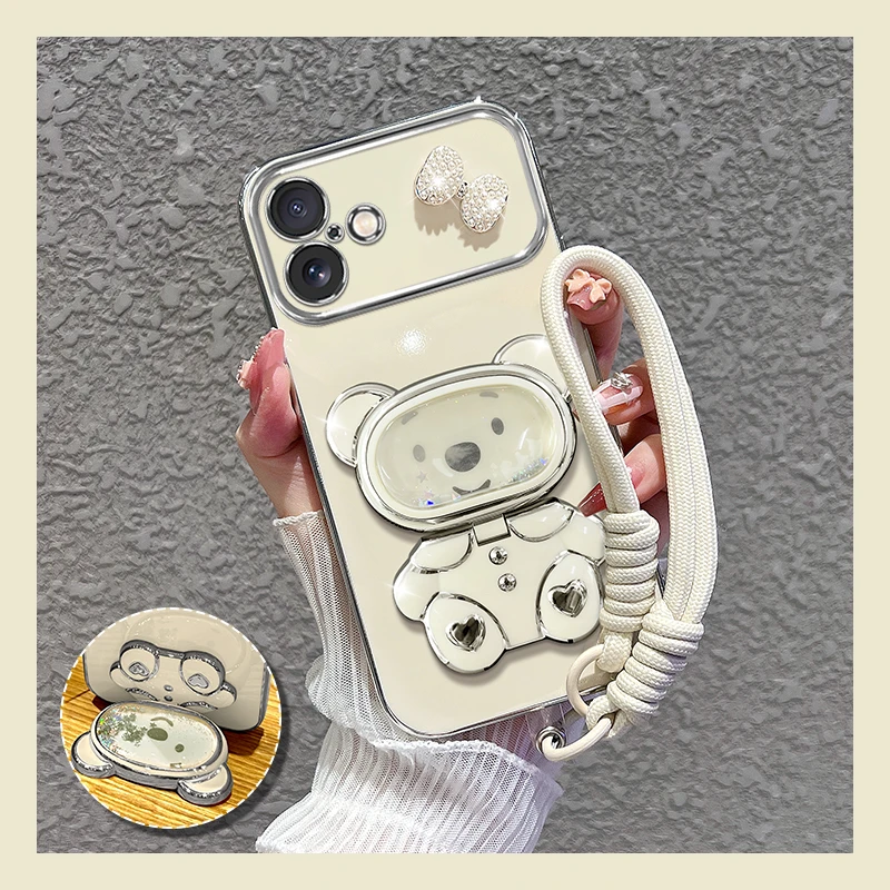 适用【苹果16】手机壳新款流沙熊镜子支架女蝴蝶结防摔套硅胶女个性