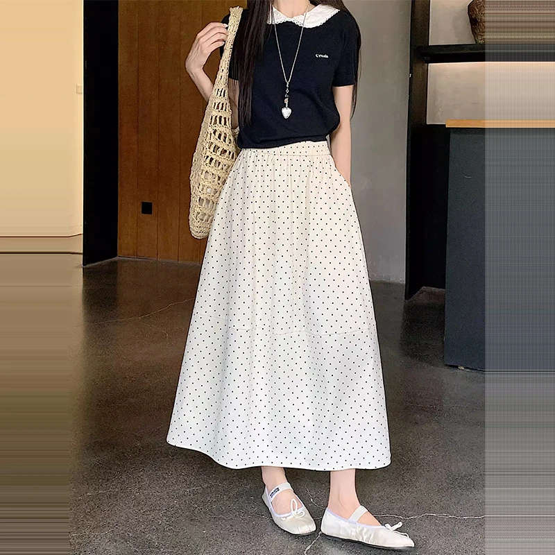 黑色波点半裙2025新款大码胖mm松紧腰遮胯宽松显瘦a字过膝半身裙