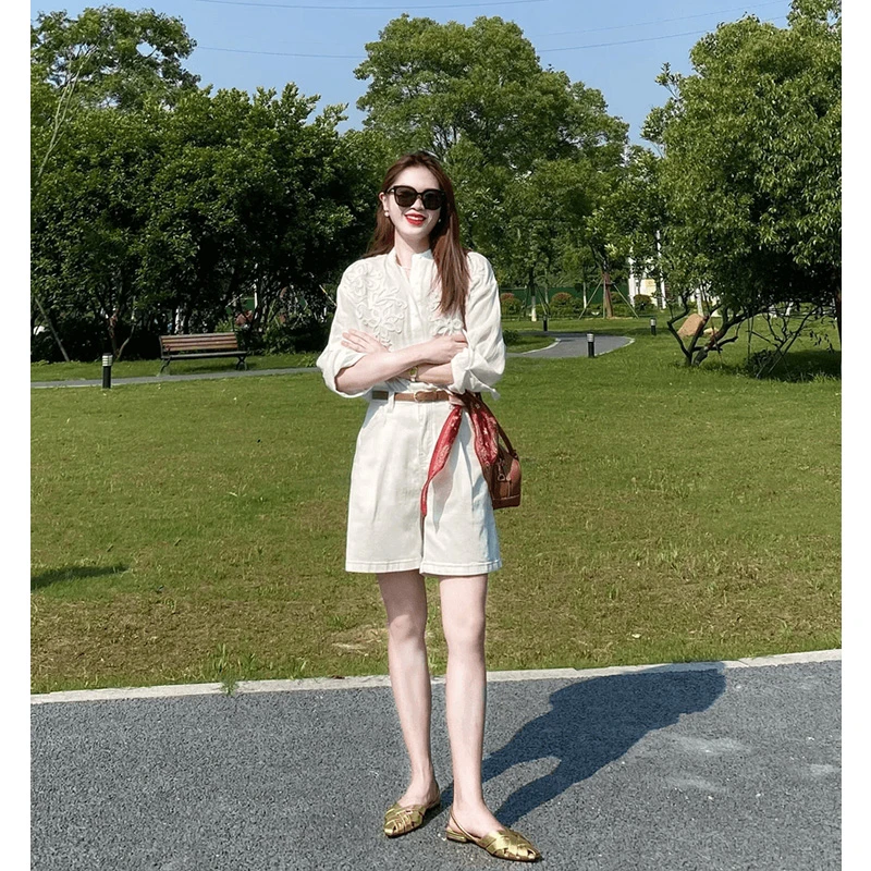 parkyeon2025春夏新款法式重工钩花盘绣松弛老钱衬衫高腰短裤套装