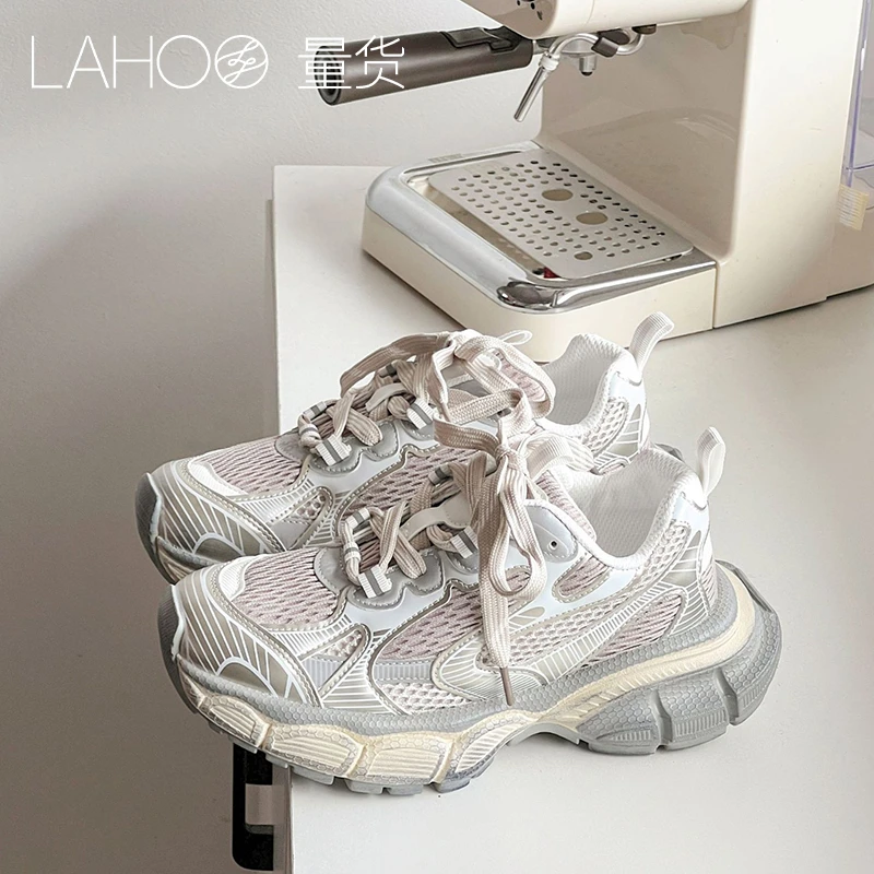 男女同款做旧网面老爹鞋女厚底透气运动鞋增高百搭鞋