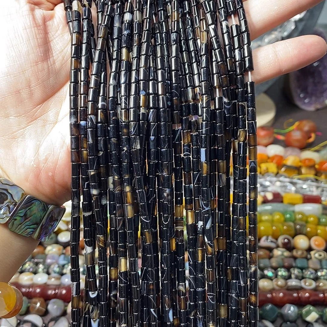 石英质玉未镶嵌，黑玛瑙圆管4×6mm，