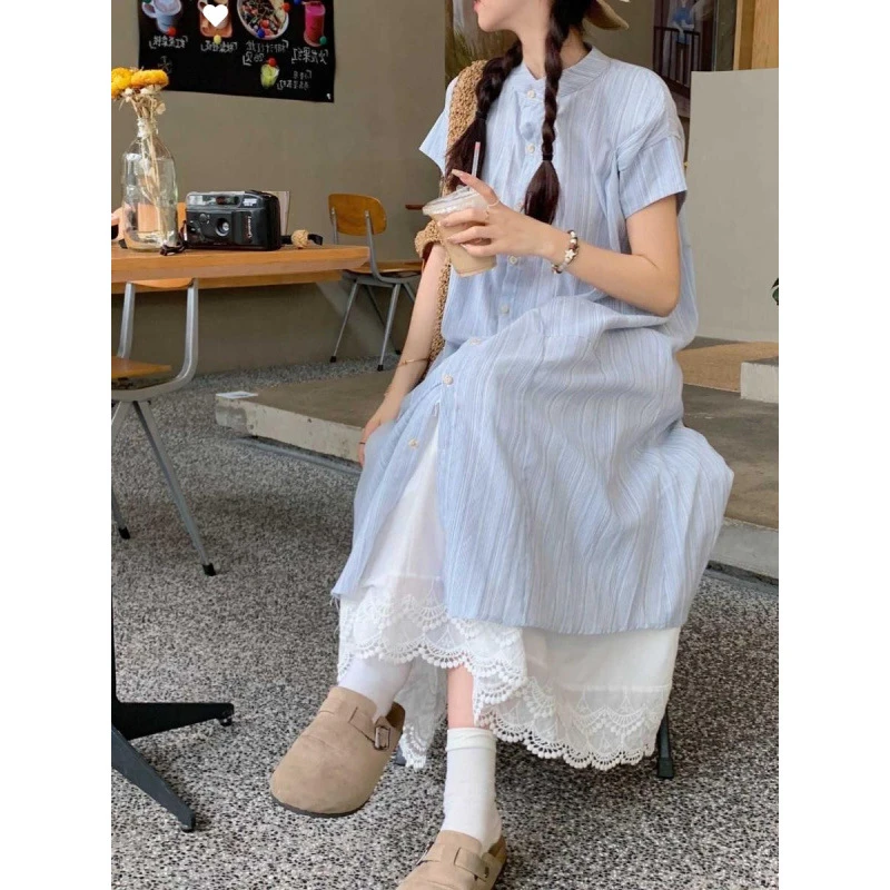 【30天1669件】蓝色条纹短袖衬衫连衣裙女夏季2024新款韩系宽复古法
