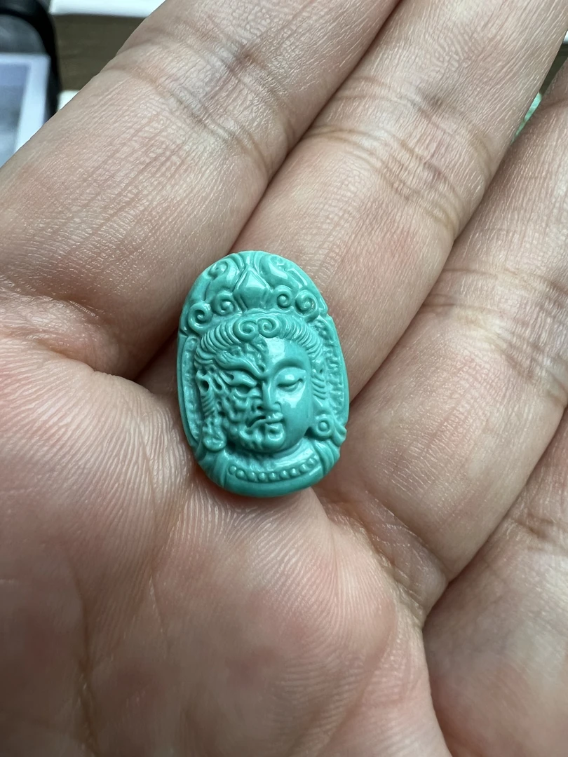 原矿绿松石手工雕刻高瓷绿色佛魔一念文玩配饰背云个性地大质检