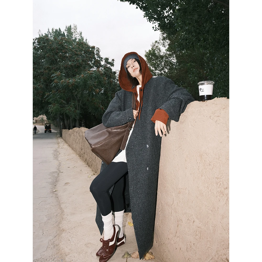 JCCC影子【琥珀/雾都漫步】深灰色彩花呢V领廓形长款呢大衣JE5BMD11