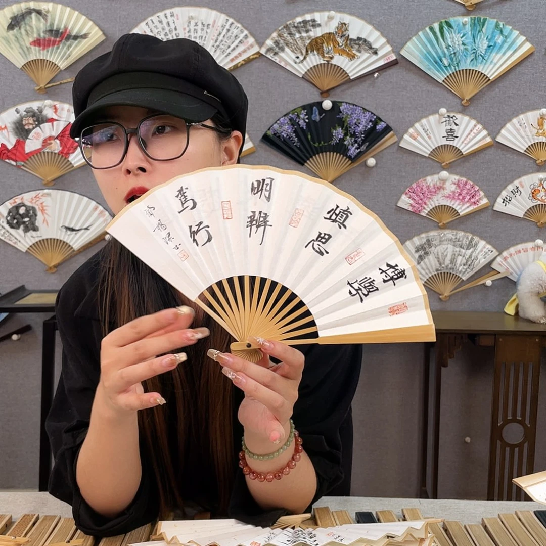 国画6寸玉竹-纯手绘-文玩扇骨（默认粘好）