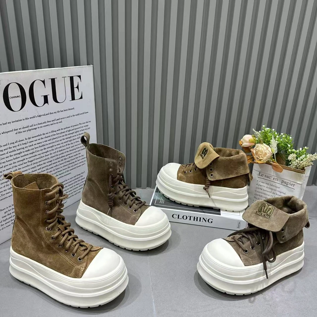 【SS】2025年新款厚底高帮女百搭增高休闲松糕底舒适小众两穿面包鞋