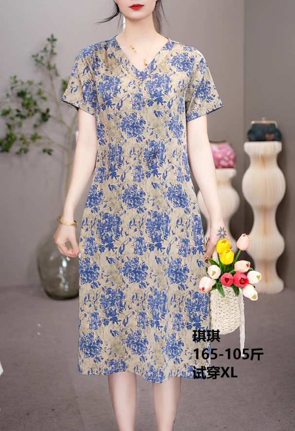 2043 V领直筒宽松遮肚子显瘦连衣裙